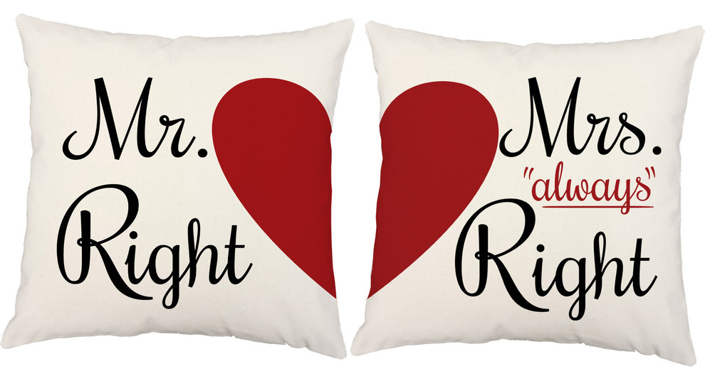 Mr. Right and Mrs. Always Right Throw Pillows, In/Outdoor Covers Only