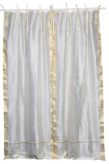 Cream Tie Top Sheer Sari Curtain Drape Panel Pair