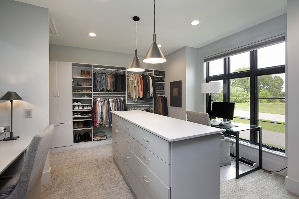 Inspiration for a large carpeted and gray floor walk-in closet remodel in Chicago with flat-panel cabinets