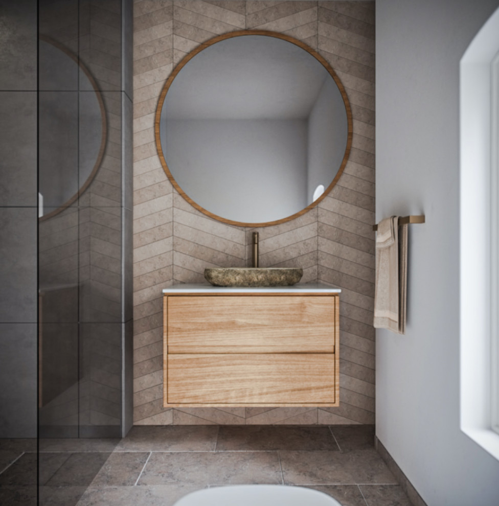 Design ideas for a mid-sized scandinavian 3/4 wet room bathroom in London with flat-panel cabinets, light wood cabinets, a one-piece toilet, gray tile, ceramic tile, grey walls, limestone floors, a vessel sink, marble benchtops, grey floor, an open shower, beige benchtops, a single vanity and a floating vanity.