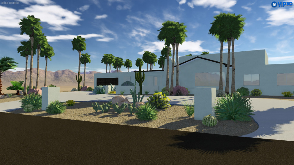 Großer Klassischer Vorgarten im Frühling mit Wüstengarten, direkter Sonneneinstrahlung und Betonboden in Phoenix