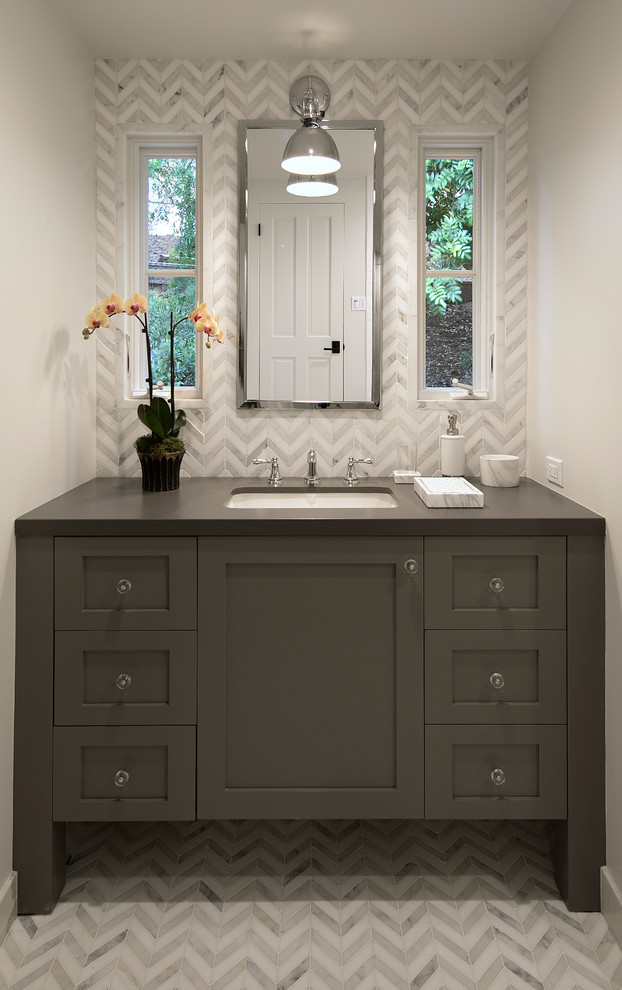Design ideas for a small transitional kids bathroom in Santa Barbara with shaker cabinets, grey cabinets, white tile, marble, white walls, marble floors, an undermount sink, soapstone benchtops and grey floor.