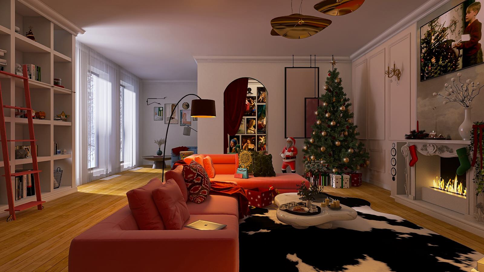 Гостиная украшенна к Новому году, распаковали подарок, а на телевизоре включен "