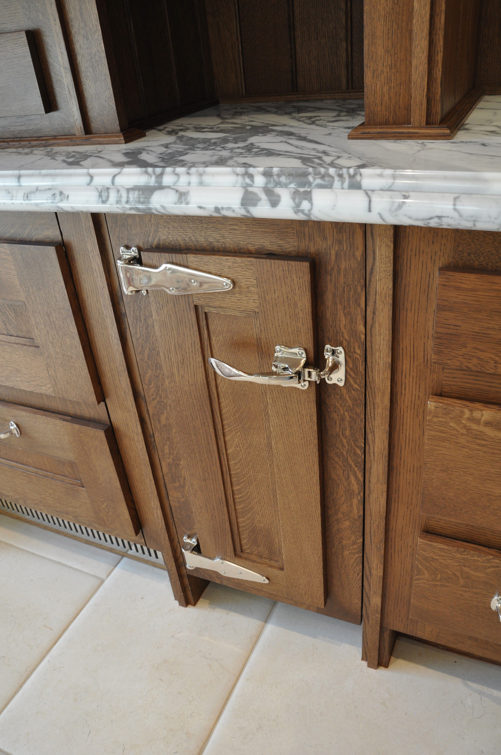 Refectory Kitchen with custom made hardware, hand painted with high gloss paint.