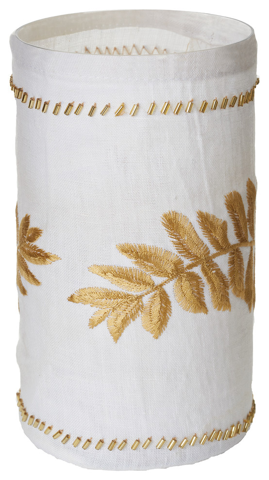 White Linen Gold Stitched Fern Votive, Large