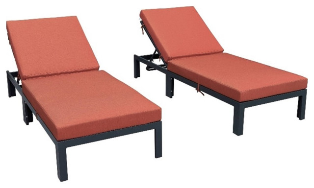 LeisureMod Chelsea Outdoor Chaise Lounge Chair With Orange Cushions Set of 2
