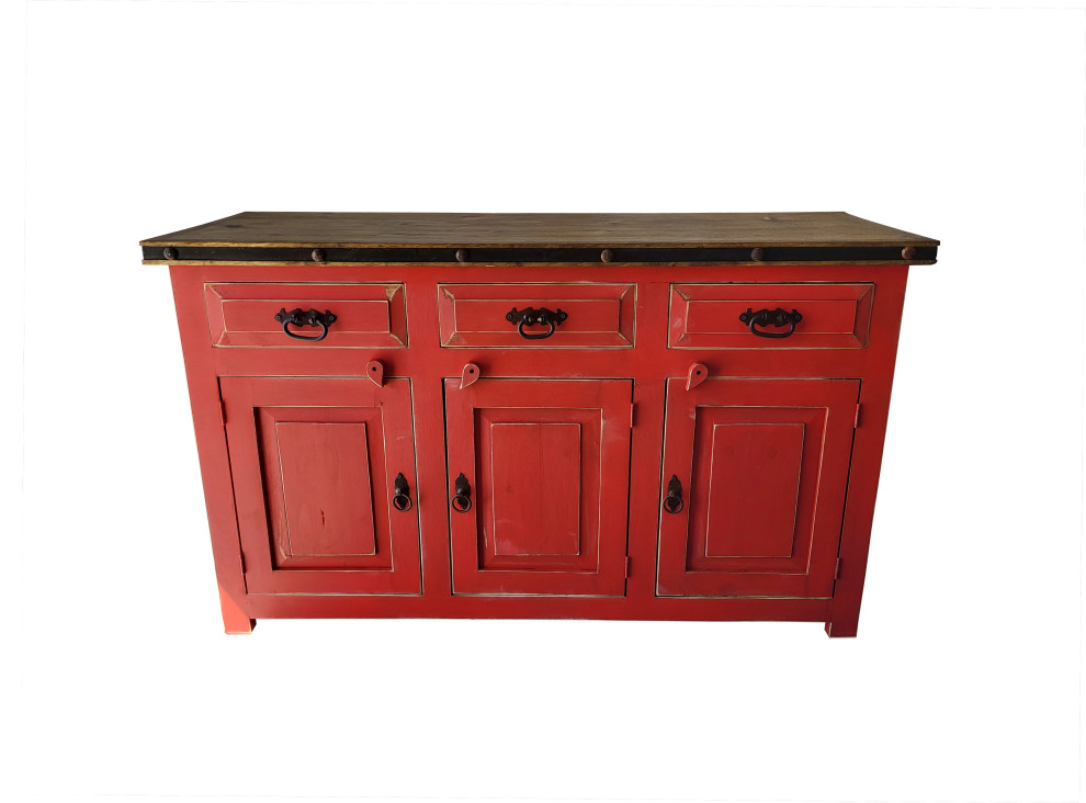 Bryson Rustic Red Kitchen Buffet Cabinet, Red, 60 X 20 X 32