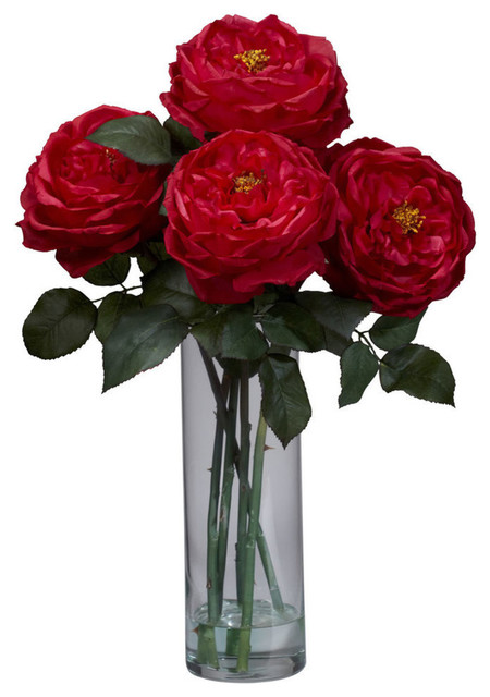 Fancy Rose With Cylinder Vase Silk Flower Arrangement, Red