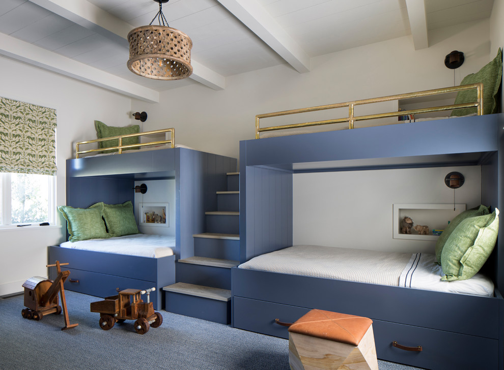 Country kids' room in San Francisco with white walls, carpet, blue floor, exposed beam and timber.