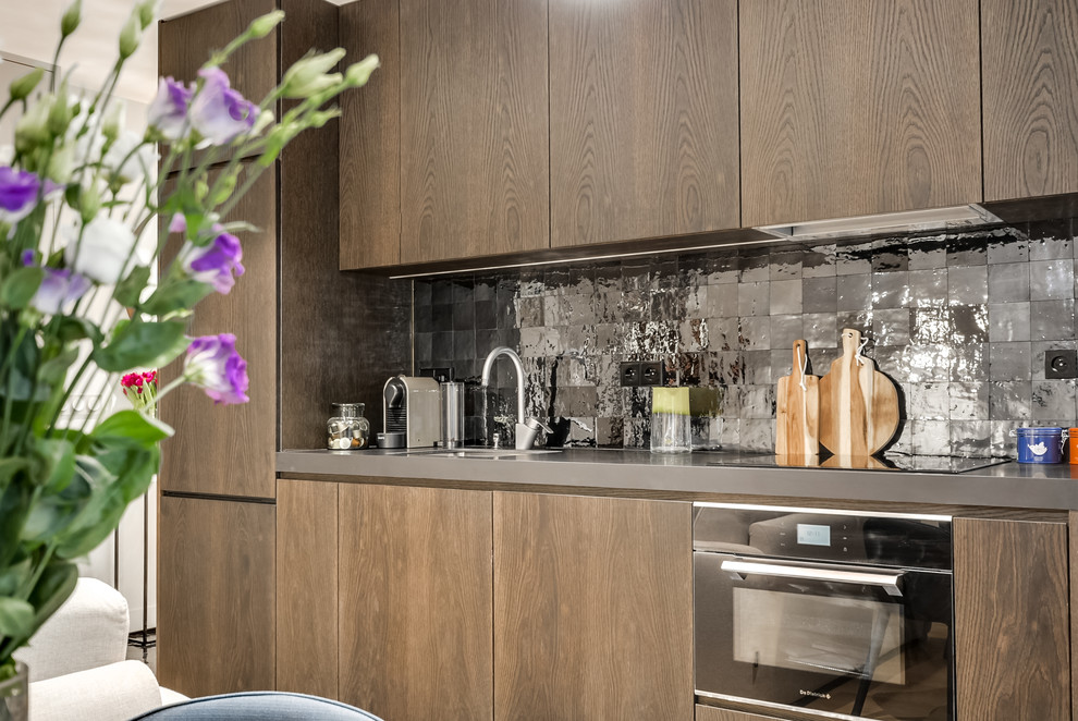 Photo of a mid-sized contemporary single-wall open plan kitchen in Paris with a single-bowl sink, beaded inset cabinets, dark wood cabinets, black splashback, terra-cotta splashback, panelled appliances, terra-cotta floors and no island.