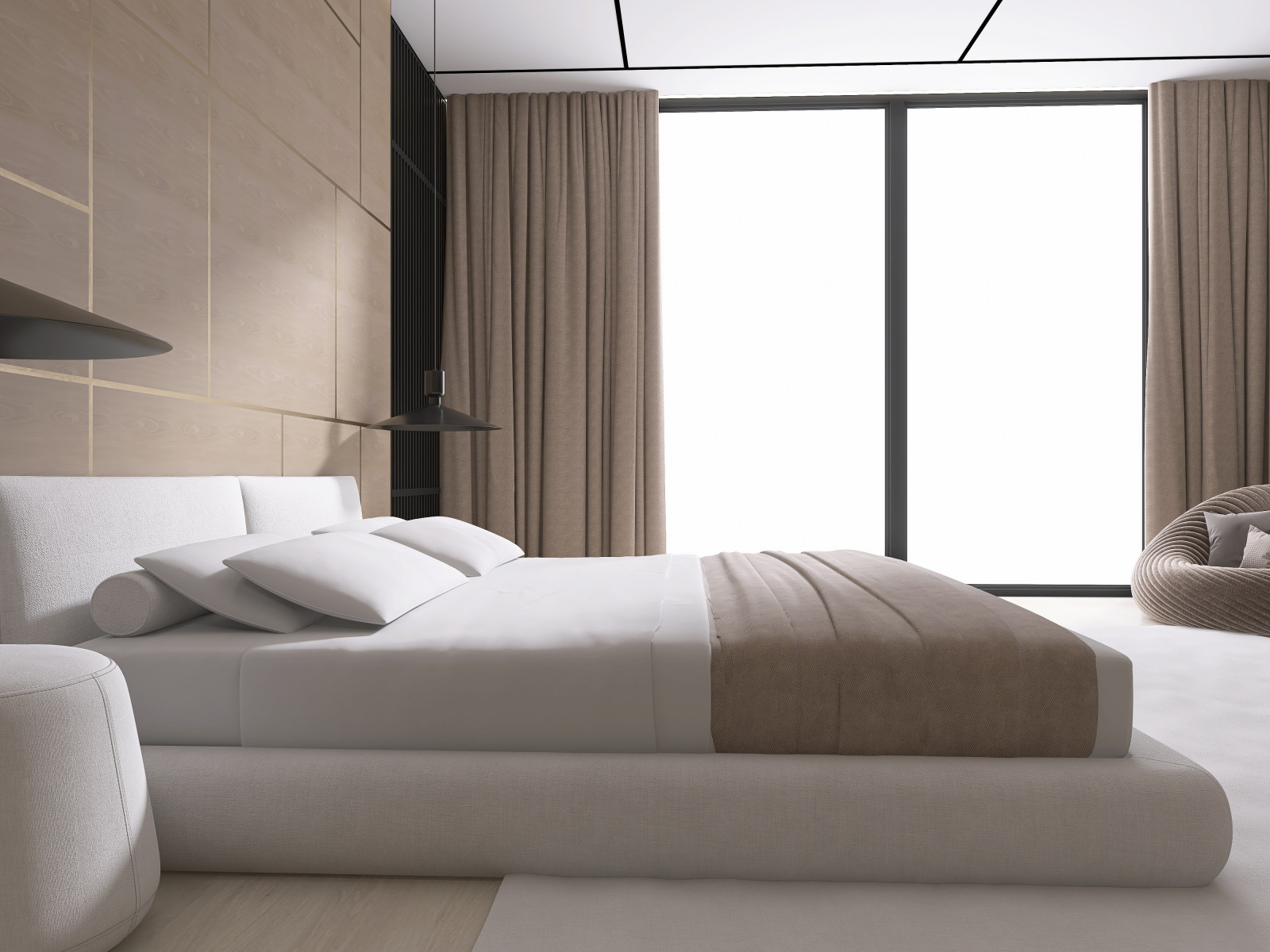 Мастер-блок с собственным гардеробом, необычным полками для книг и ковром на всю