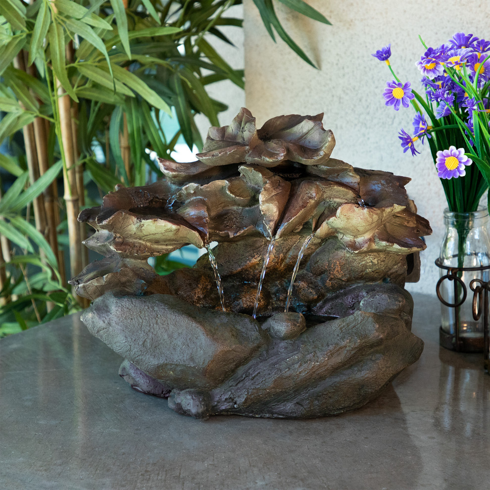 Alpine Cascading Leaf Tabletop Fountain With LED Lights, 10" Tall