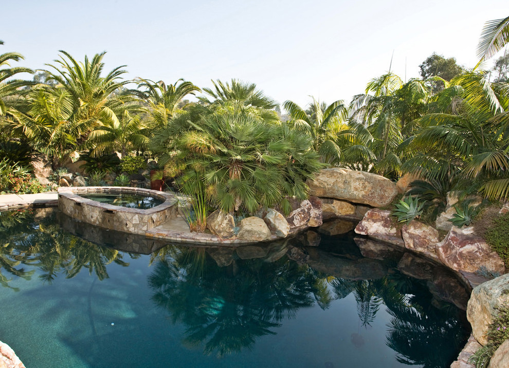 Inspiration for a mid-sized tropical backyard concrete and custom-shaped hot tub remodel in San Diego