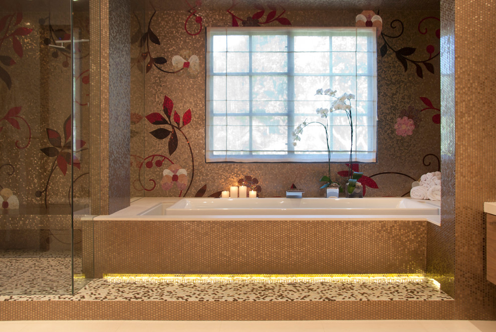 Expansive asian bathroom in Los Angeles with a vessel sink, flat-panel cabinets, medium wood cabinets, limestone benchtops, an undermount tub, a bidet, multi-coloured tile, mosaic tile, beige walls, limestone floors and with a sauna.