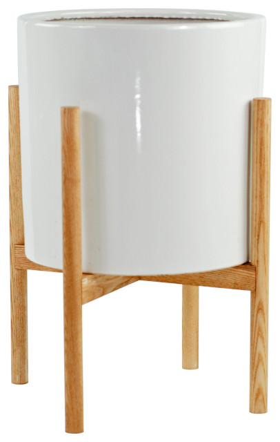 Planter with Stand Cylinder Pot-13/'/' White-Wood Plant Stand-Chestnut Mid-century modern stand with pot-Ceramic planter
