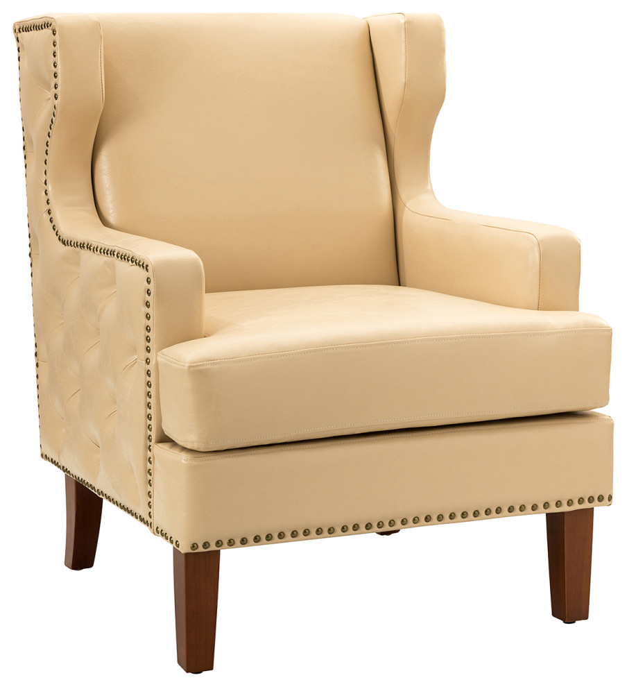 Mid-century Modern Style Vegan Leather Armchair with Squared Arms, Beige