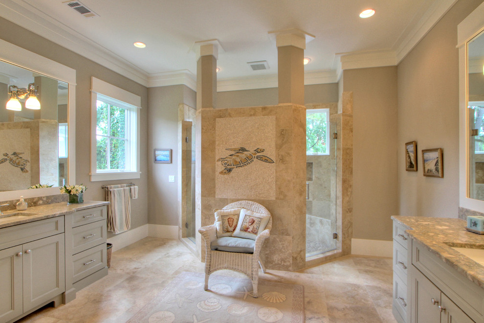 Transitional bathroom in Other with an undermount sink, recessed-panel cabinets, grey cabinets, beige tile, limestone benchtops, an open shower, stone tile, travertine floors and a hinged shower door.