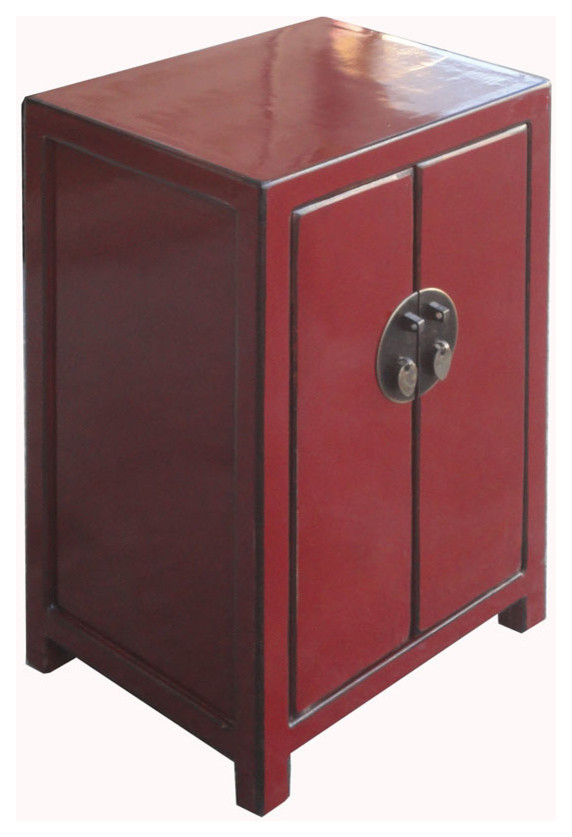 Nightstand End Table Chinese Red Lacquer Moon Face Cabinet