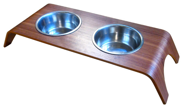 Walnut Elevated Pet Feeder Stand Double Contemporary Pet Bowls And Feeding By Bowhausnyc