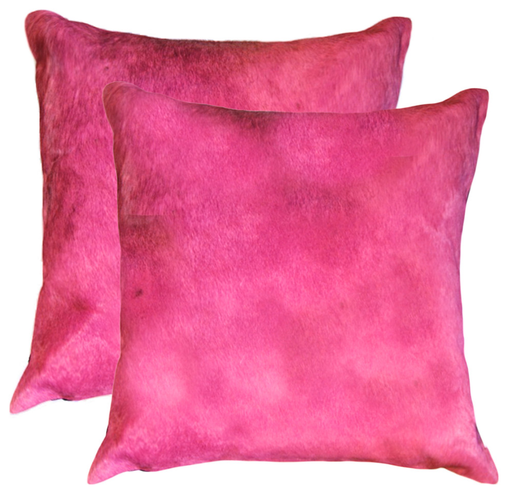 18"x18"x5" Fuschia Cowhide Pillow, Set of 2 Contemporary Decorative