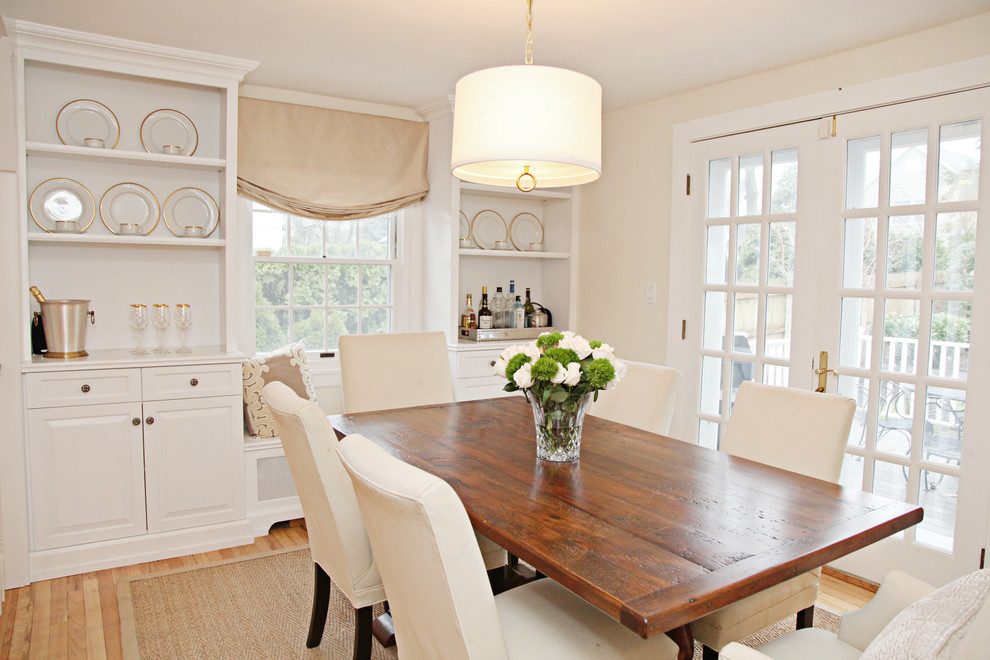 Photo of a mid-sized traditional separate dining room in DC Metro with white walls, no fireplace, light hardwood floors and white floor.