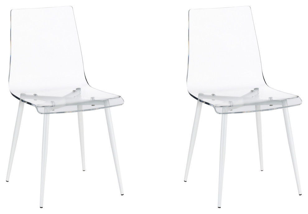 A La Carte Set of 2 Clear Acrylic Dining Chairs With White Metal Base