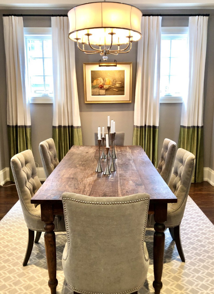 Dining room - mid-sized transitional brown floor dining room idea in Toronto with gray walls