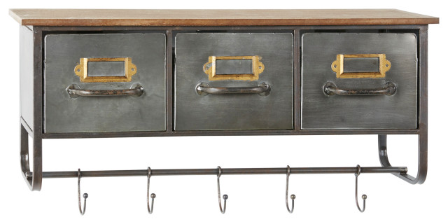 Wood And Silver Metal Wall Shelf With Hooks Drawers Industrial Display Shelves By Brimfield May - Metal Wall Shelves With Hooks Wood And Silver Metal Wall Shelf With Hooks Drawers Industrial Display Shelves By Brimfield May - Metal Wall Shelves With Hooks