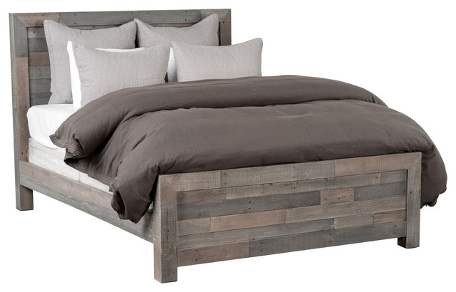 Norman Reclaimed Pine Queen Bed, Weathered Wood Queen Bed