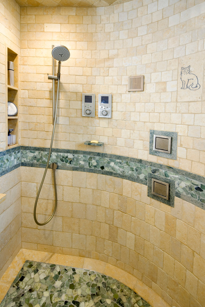 Photo of an eclectic bathroom in Santa Barbara with a corner shower, green tile, stone tile and beige walls.