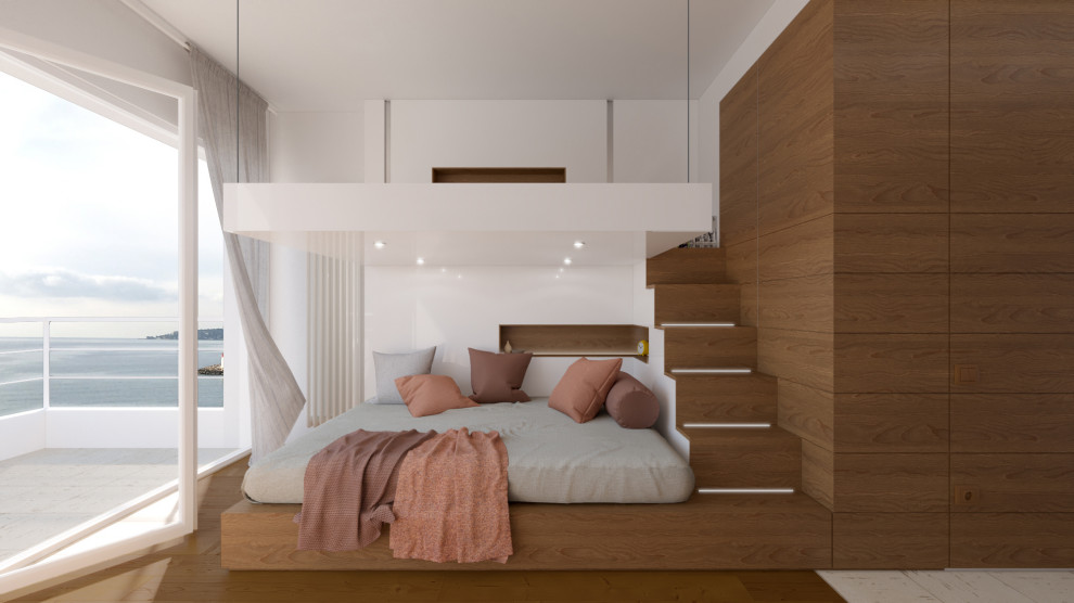 Inspiration för ett litet minimalistiskt sovloft, med vita väggar och mellanmörkt trägolv
