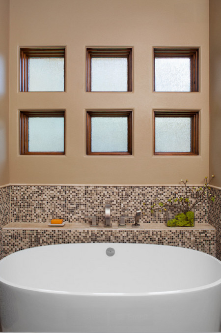 Freestanding bathtub - contemporary multicolored tile and mosaic tile freestanding bathtub idea in Austin