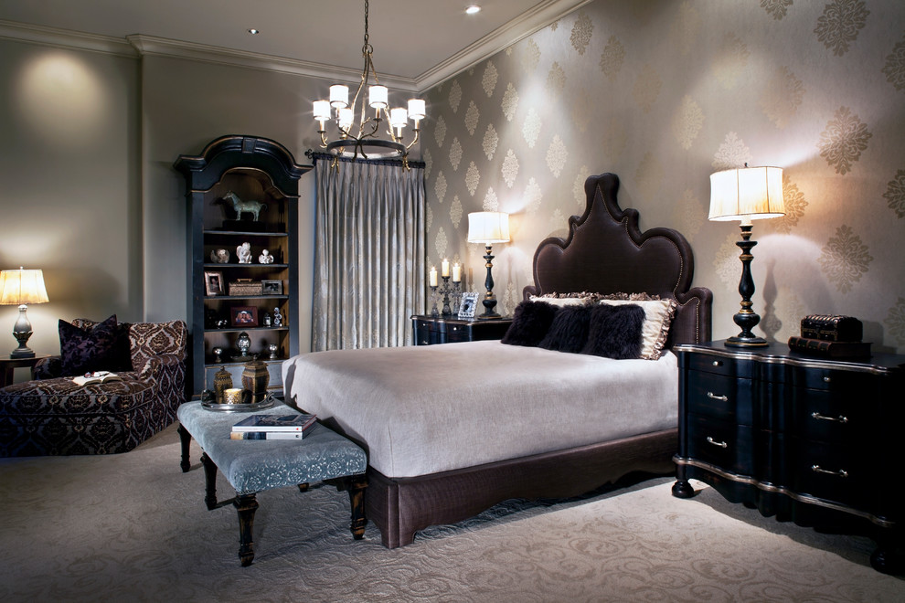 Inspiration for a large transitional master bedroom in Phoenix with grey walls, carpet, no fireplace and grey floor.