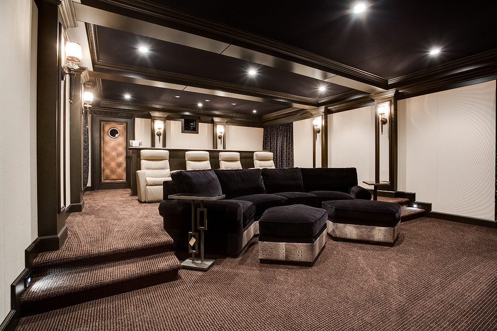 Transitional enclosed home theatre in Baltimore with white walls and carpet.