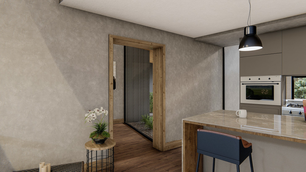 Idéer för stora lantliga grått kök med öppen planlösning, med en rustik diskho, granitbänkskiva, fönster som stänkskydd, färgglada vitvaror, mellanmörkt trägolv, en köksö och brunt golv