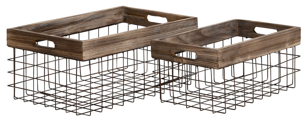 Metal Wood Basket 2 Piece Set Farmhouse Baskets By Brimfield May