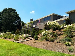 A lush, green hillside in a resort-style backyard, featuring a variety of hydrangeas, rhododendrons, and other perennials.