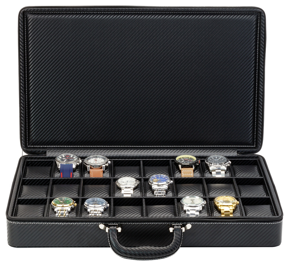 24 Slot Watch Briefcase, Black Carbon Fiber Zippered Travel Storage