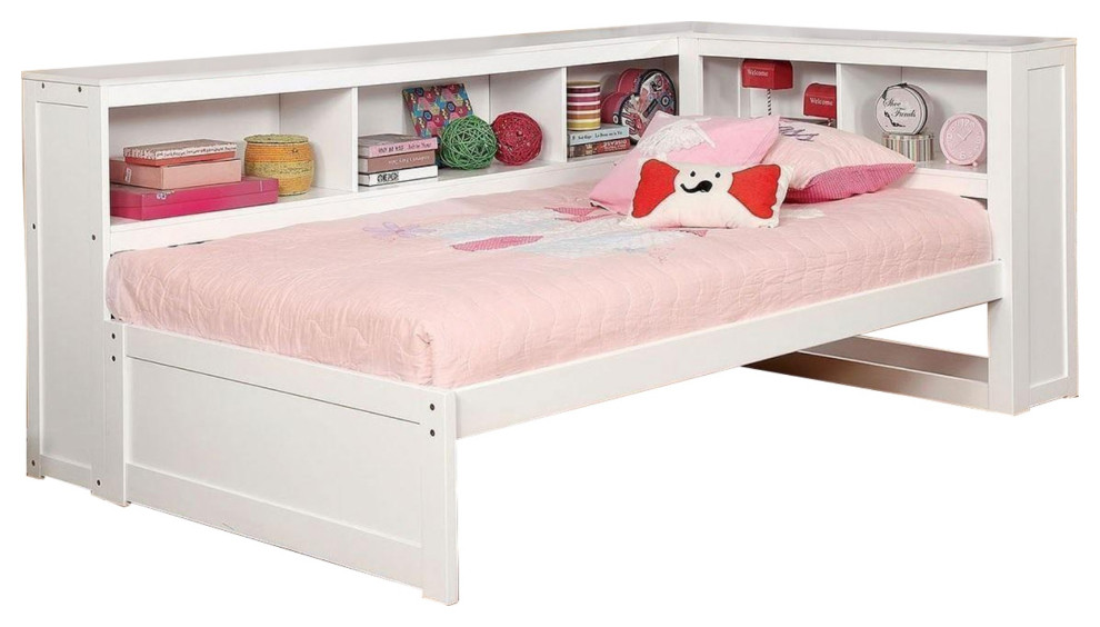 Wooden Full Size Daybed with Bookcase Headboard, White Transitional