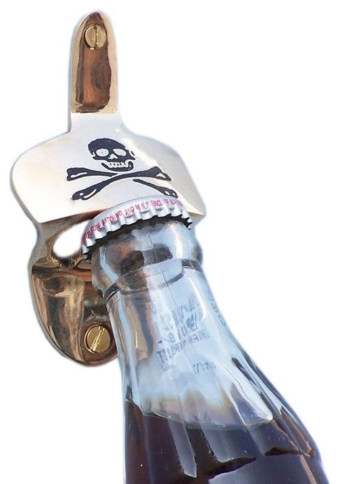 Pirate Skull and Crossbones Wall Mounted Bottle Opener, Solid Brass, 3.5"