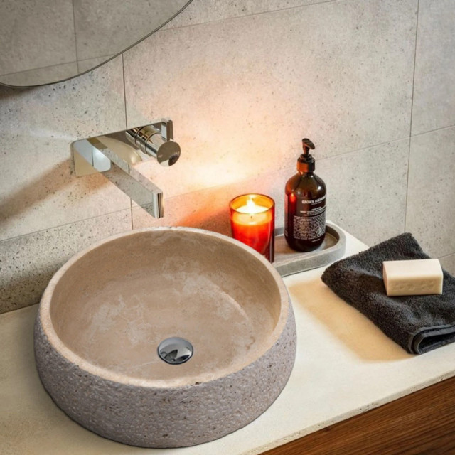 Light Beige Travertine Vessel Bathroom Sink Honed (D)16" (H)6"