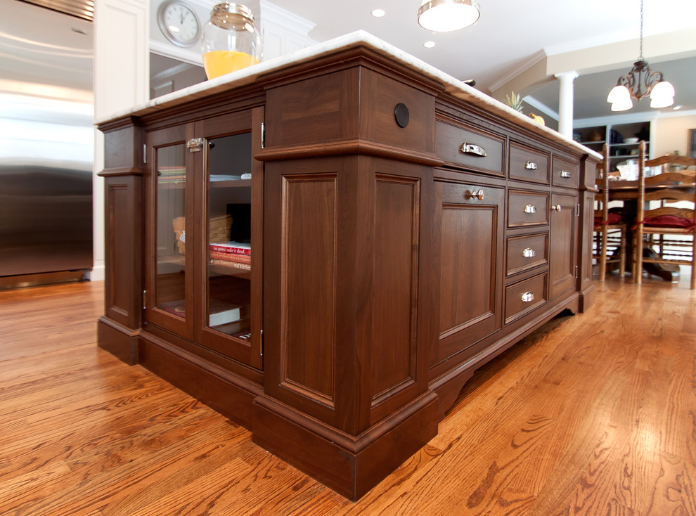 Example of a large transitional kitchen design in DC Metro with beaded inset cabinets, white cabinets, marble countertops, white backsplash, subway tile backsplash, stainless steel appliances and an island