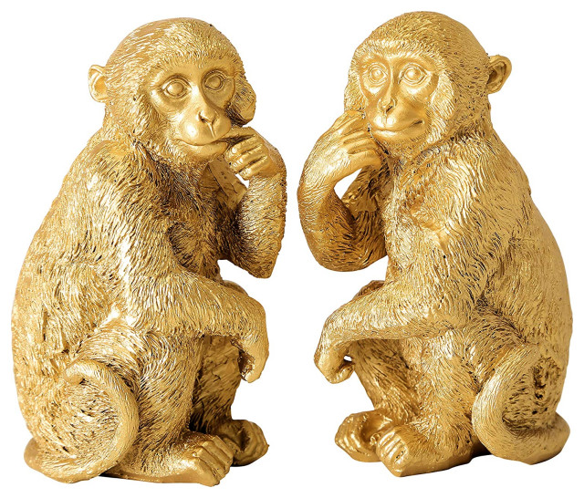 2 Piece Golden Chimpanzee Figurines Contemporary Decorative Objects
