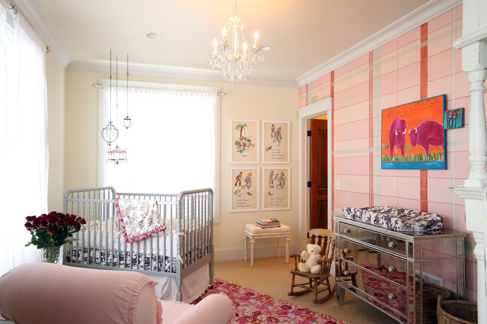 Design ideas for an eclectic nursery for girls in Other with pink walls and carpet.