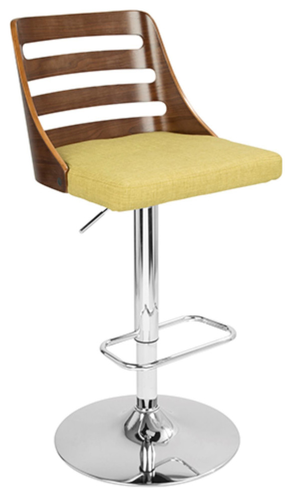 Trevi MidCentury Modern Adjustable Barstool With Swivel, Walnut/Green
