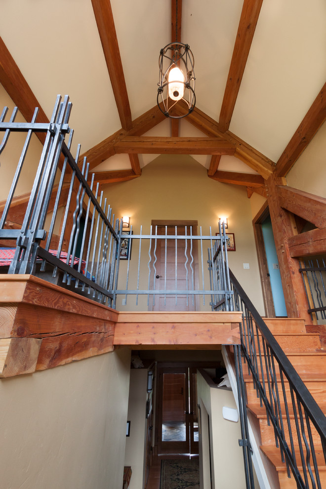 Home design - rustic wooden straight home design idea with wooden risers