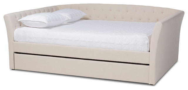 Delora Beige Fabric Upholstered Queen Size Daybed With Roll-Out Trundle Bed