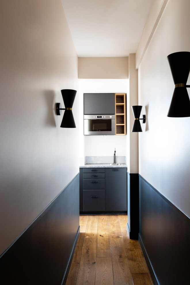 Источник вдохновения для домашнего уюта: большой коридор в современном стиле с черными стенами, паркетным полом среднего тона и коричневым полом