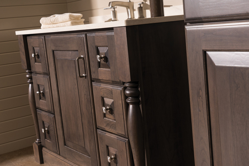 Inspiration for a mid-sized traditional 3/4 bathroom in Wilmington with furniture-like cabinets, dark wood cabinets, beige tile, beige walls, cork floors, an undermount sink, engineered quartz benchtops, brown floor and white benchtops.