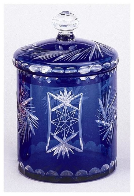 Decorative Storage Jar in Cobalt Blue Overlay on Clear Cut Glass